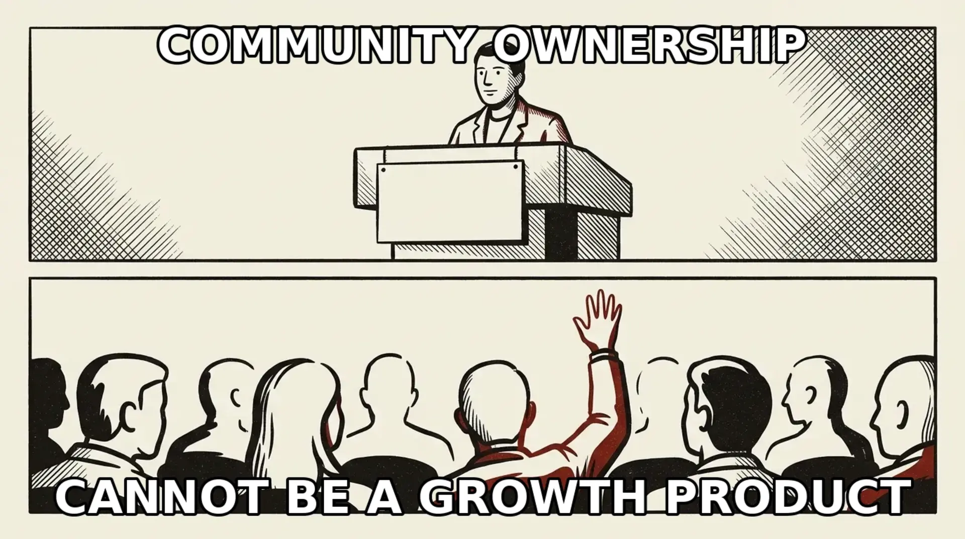 Meme - a figure at a lectern with a placard reading only an open handshake symbol, one audience member raising a hand, cream editorial style. Change-my-mind format, original drawing.