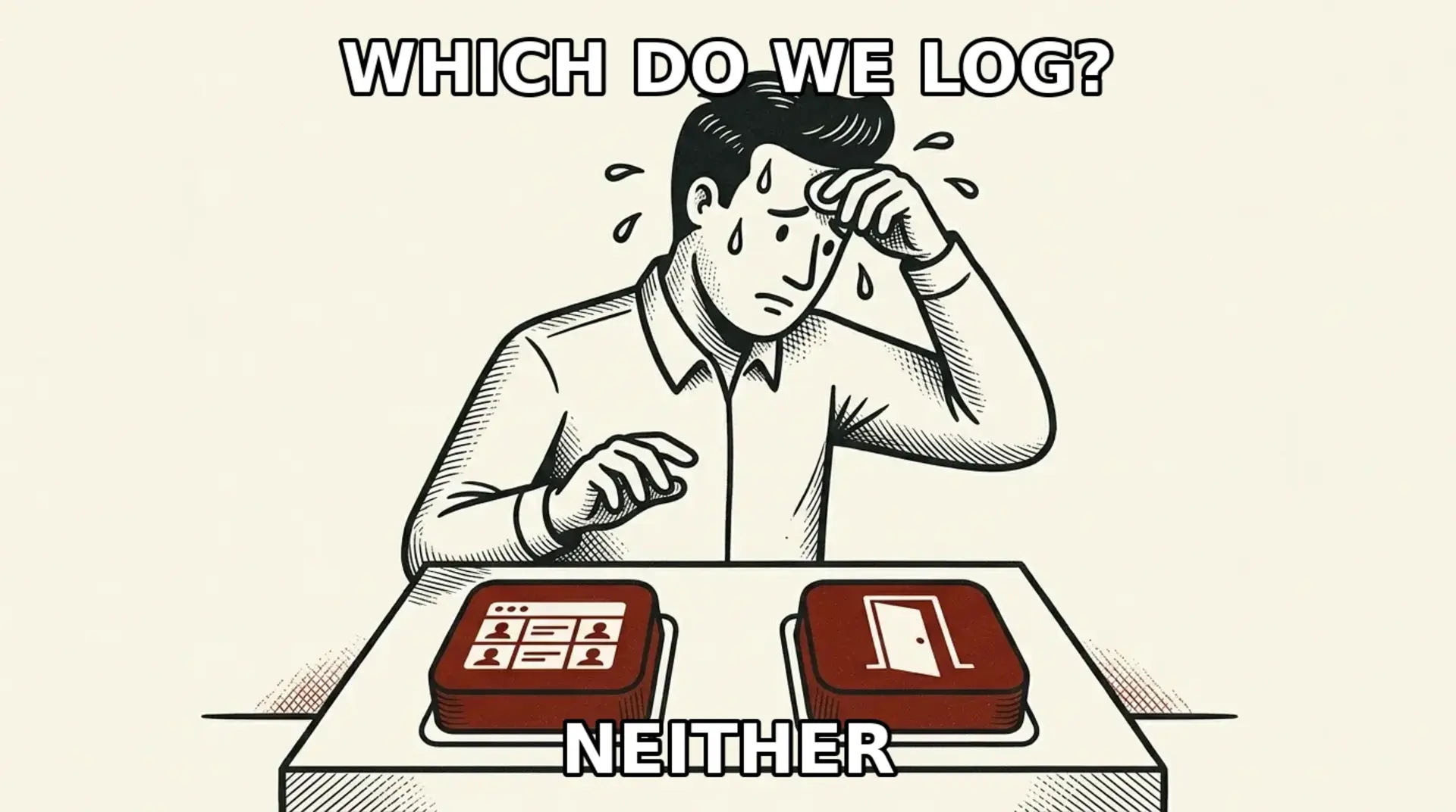 Meme - a sweating ink figure between two buttons labeled with a user table icon and an open door, cream editorial style. Two-buttons format, original drawing.