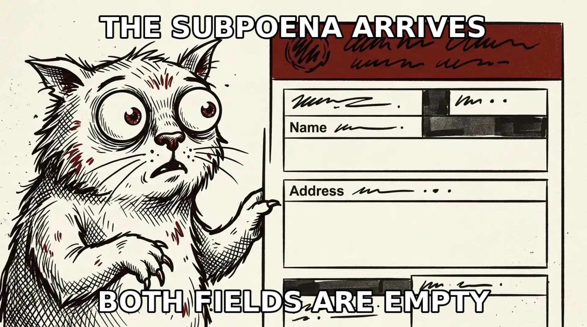 Meme - a wide-eyed ink-drawn creature stares at a subpoena form with both fields empty, cream editorial style. Original surprised-pikachu-format drawing.