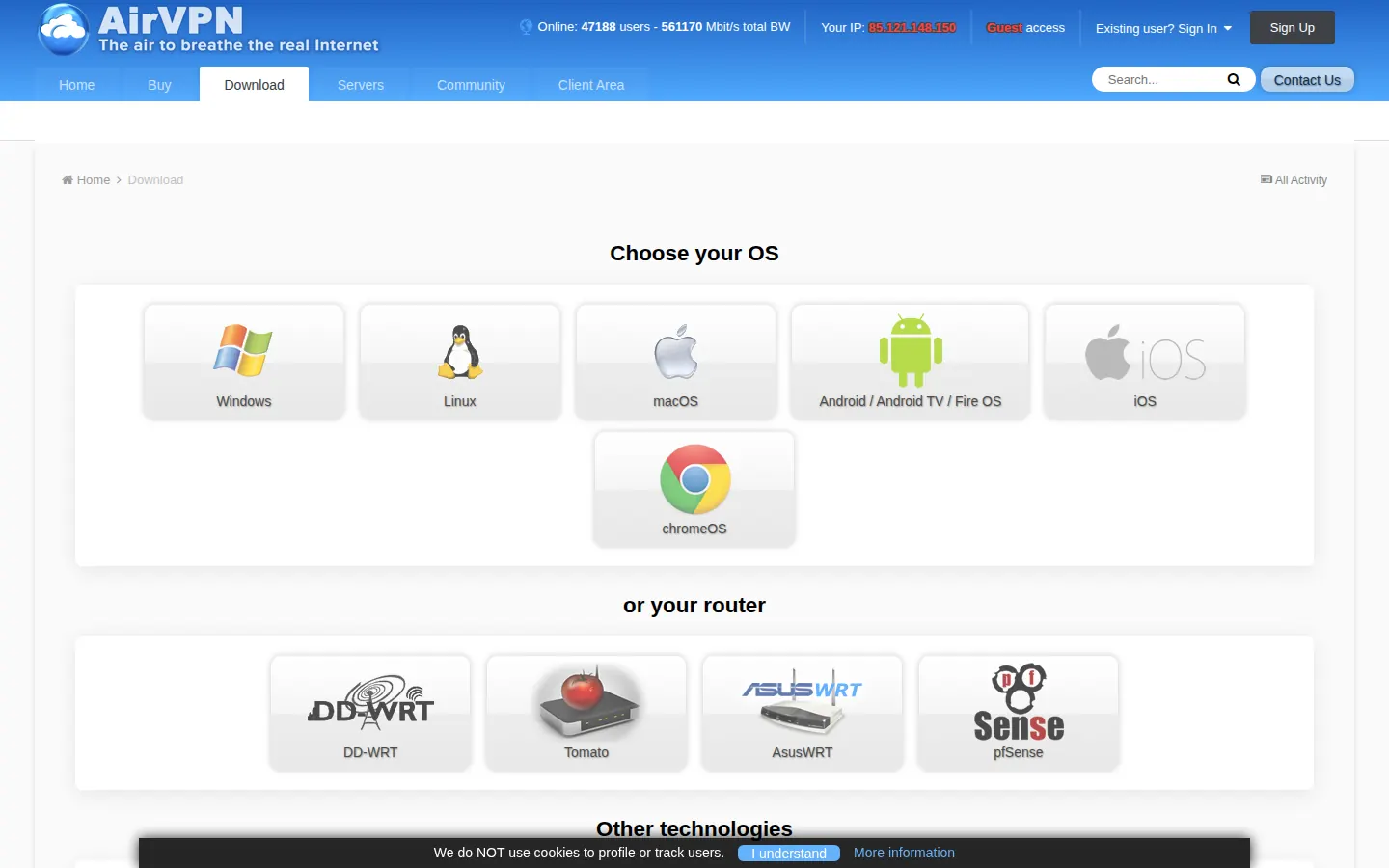 Screenshot: AirVPN apps / download page