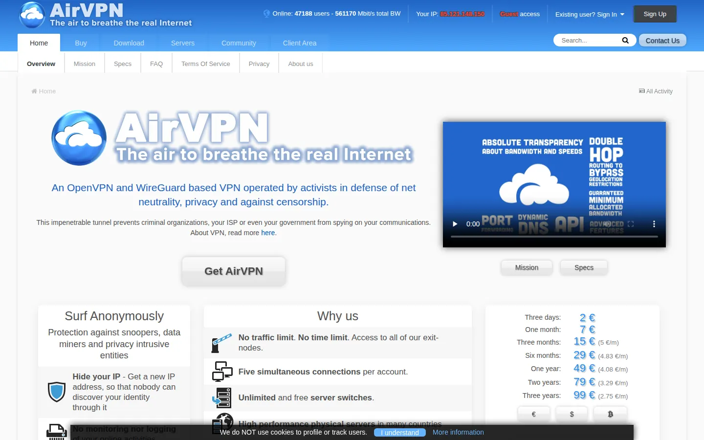 Screenshot: AirVPN homepage
