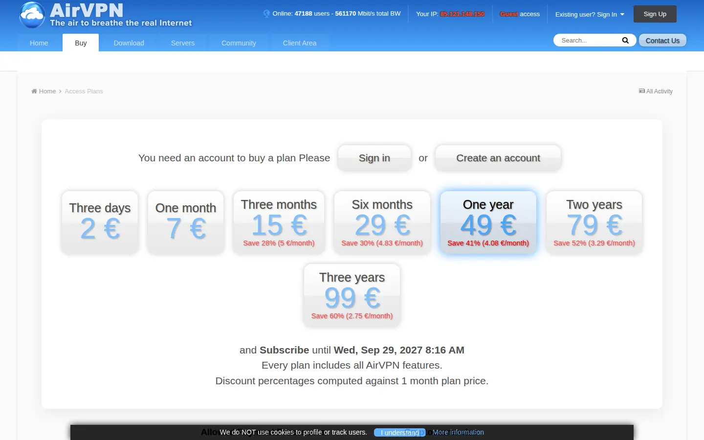 Screenshot: AirVPN pricing page