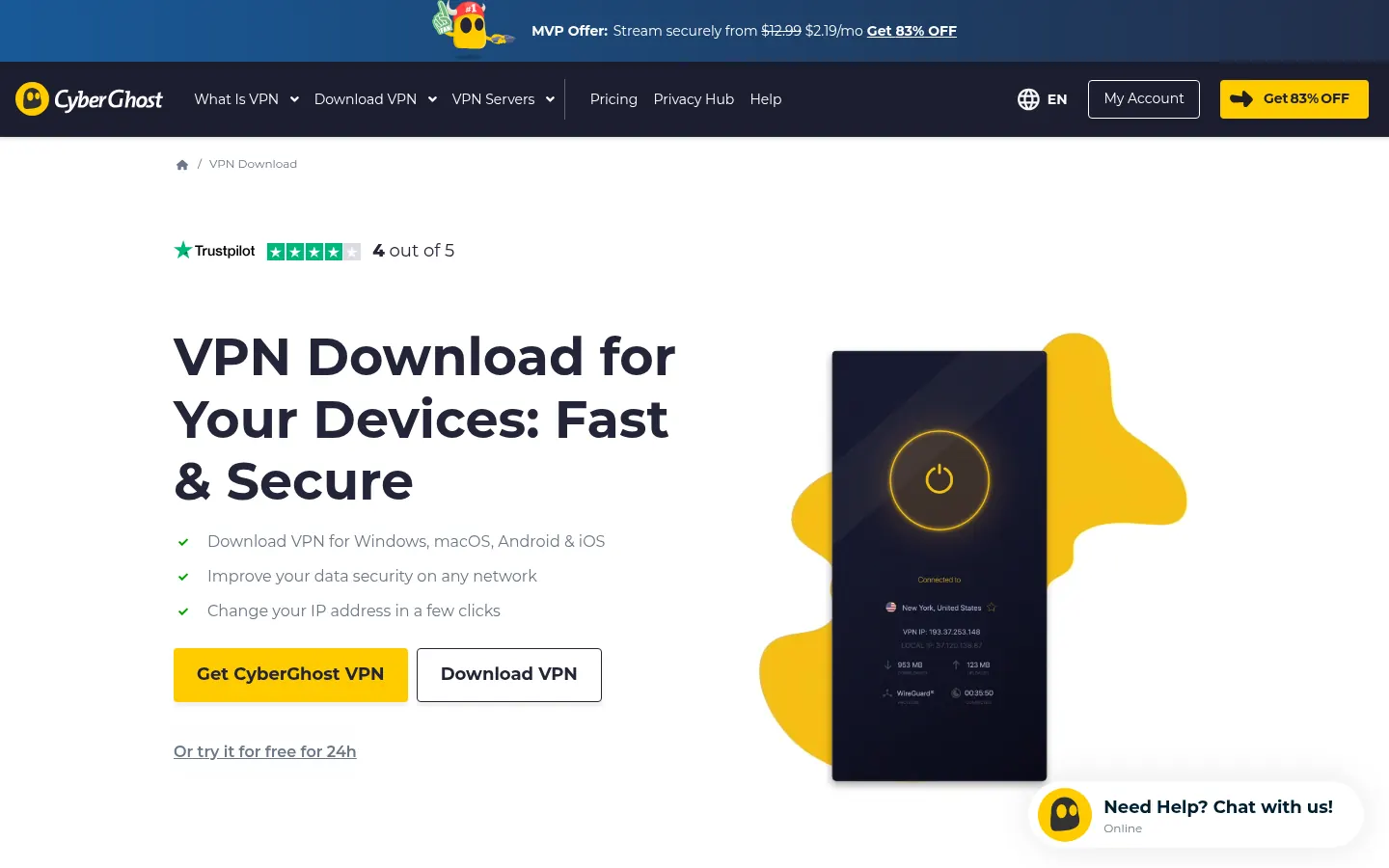 Screenshot: CyberGhost apps / download page