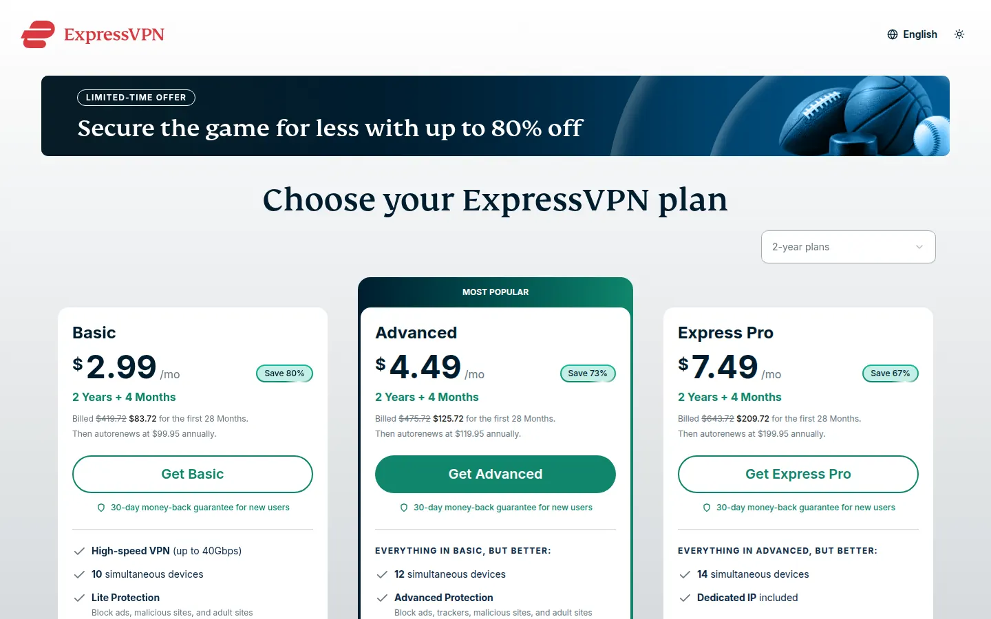 Screenshot: ExpressVPN pricing page