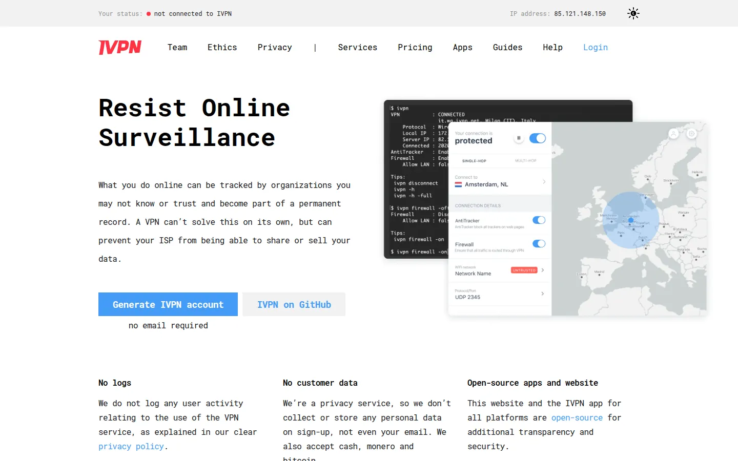 Screenshot: IVPN homepage