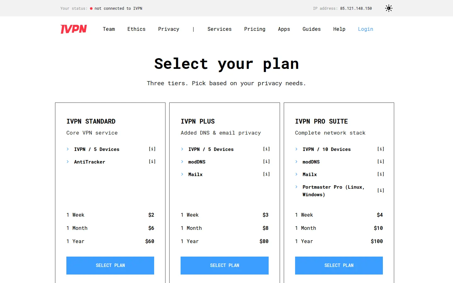 Screenshot: IVPN pricing page