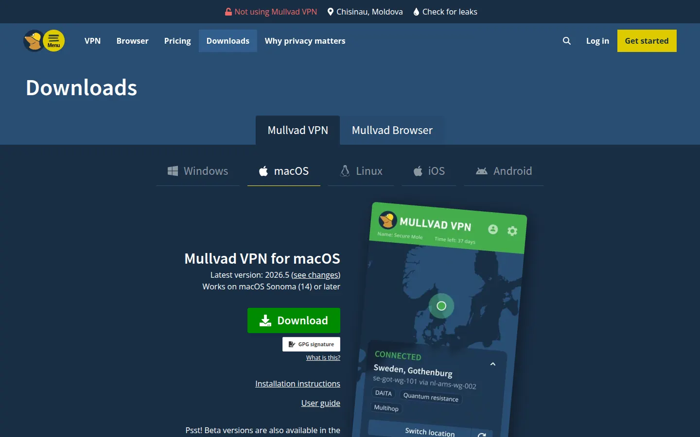 Screenshot: Mullvad VPN apps / download page