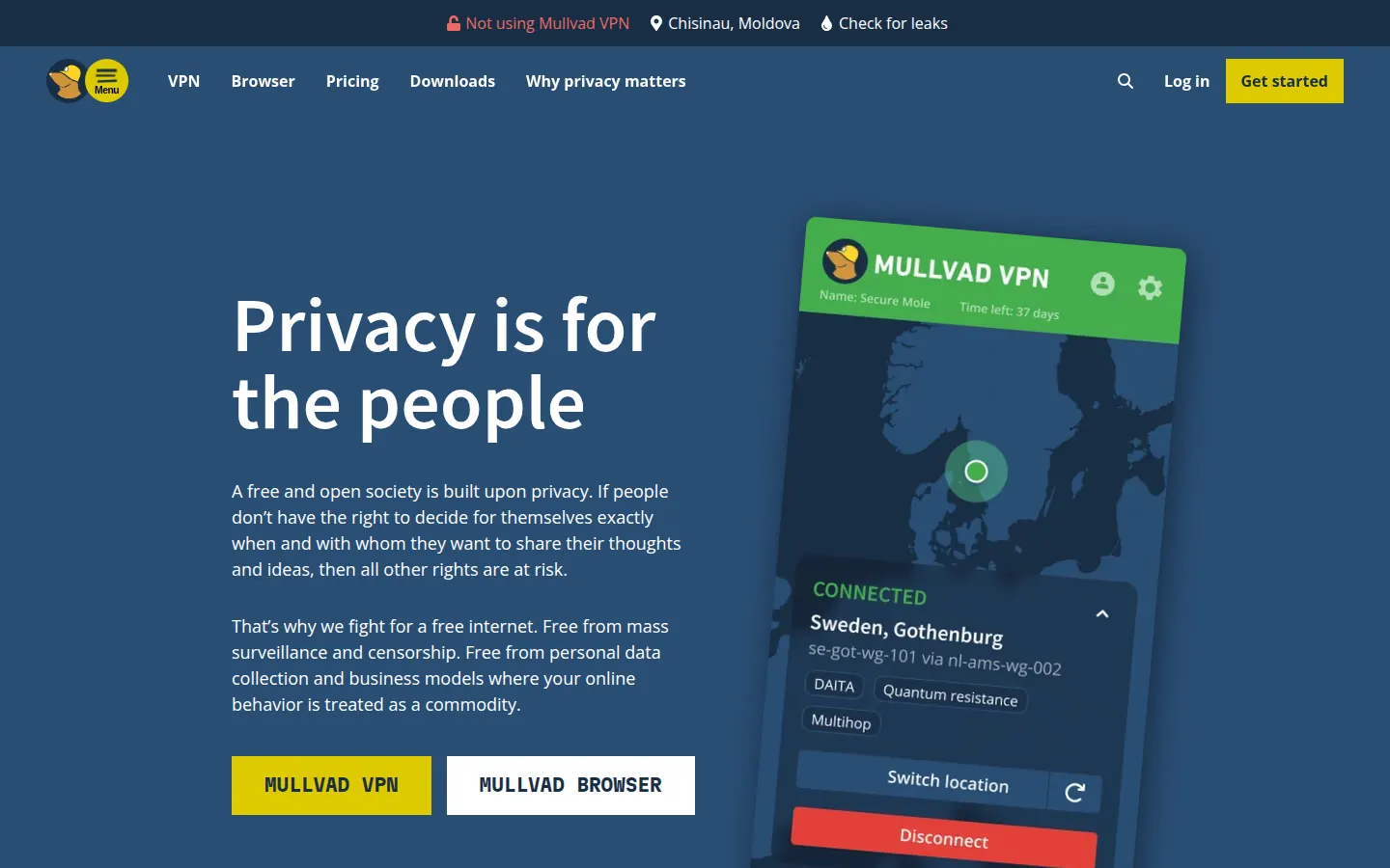 Screenshot: Mullvad VPN homepage