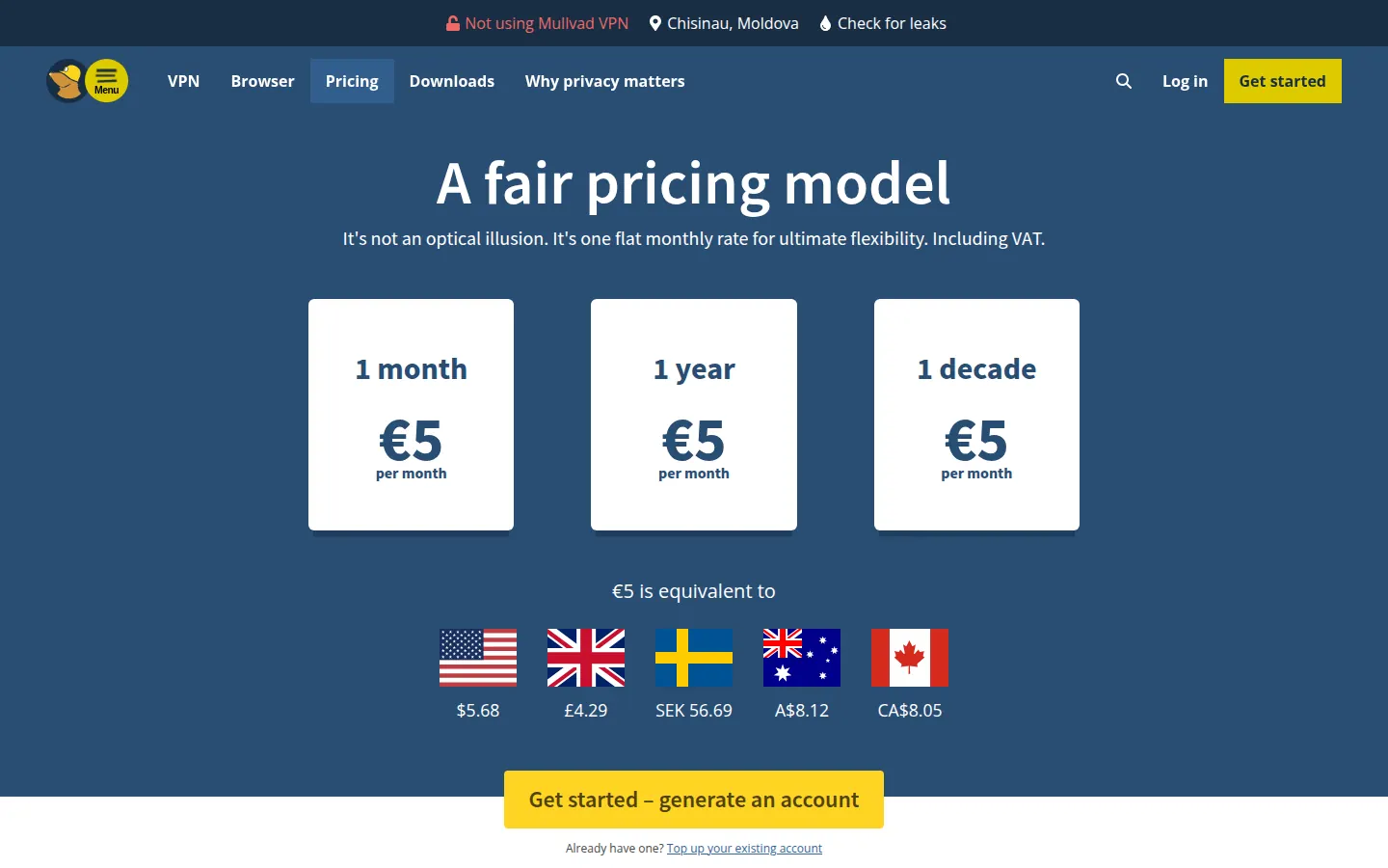 Screenshot: Mullvad VPN pricing page