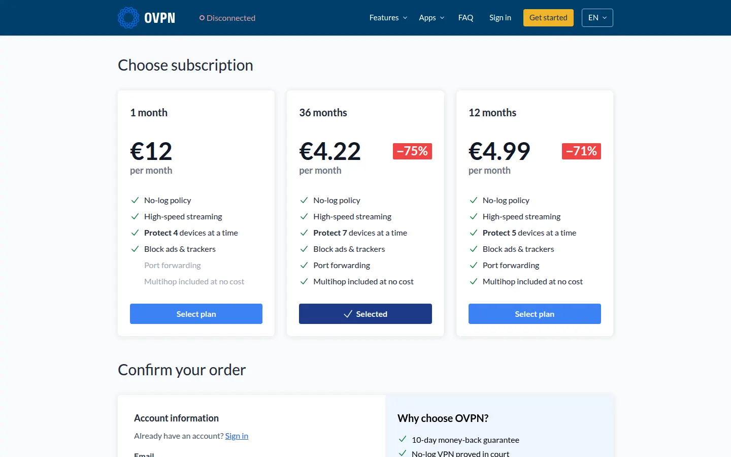 Screenshot: OVPN pricing page