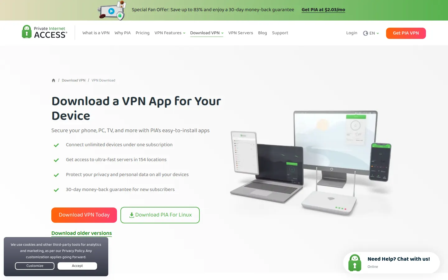 Screenshot: Private Internet Access apps / download page