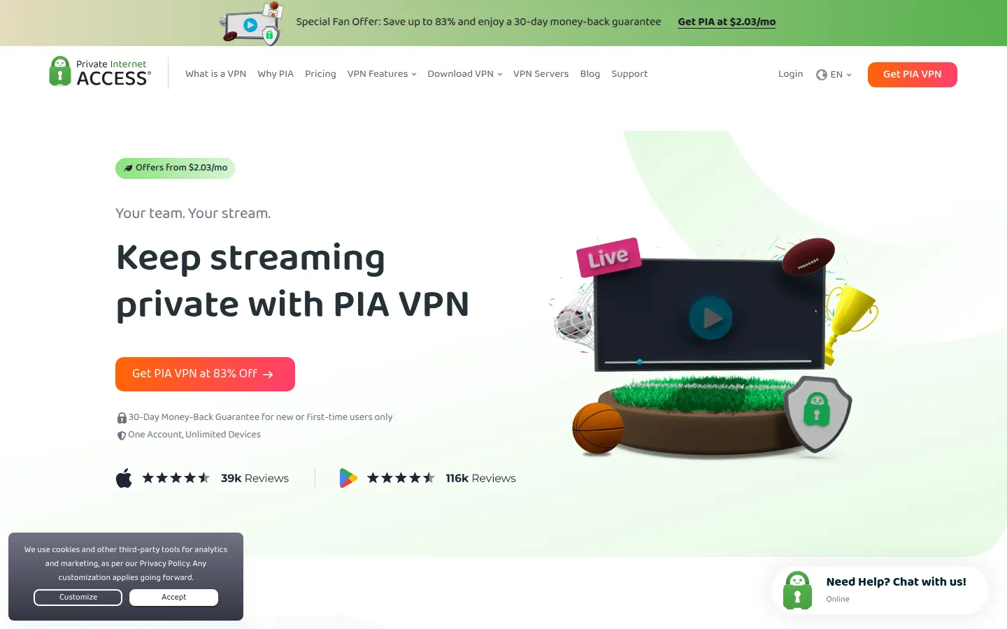 Screenshot: Private Internet Access homepage