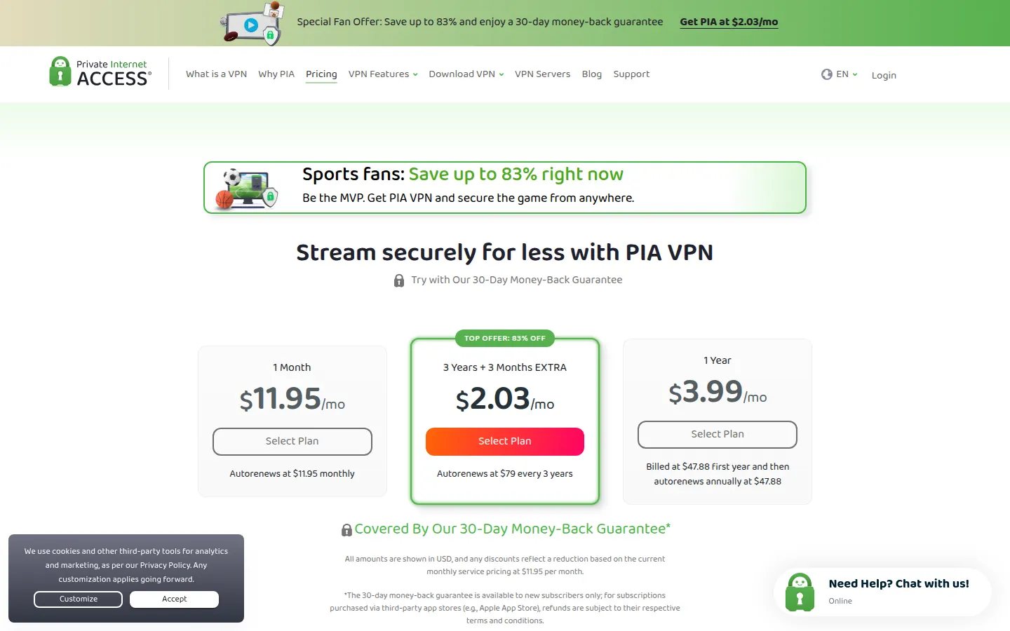 Screenshot: Private Internet Access pricing page