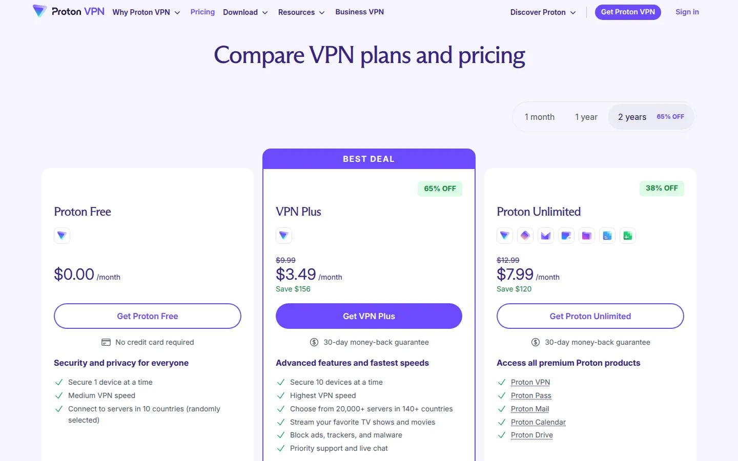 Screenshot: Proton VPN pricing page
