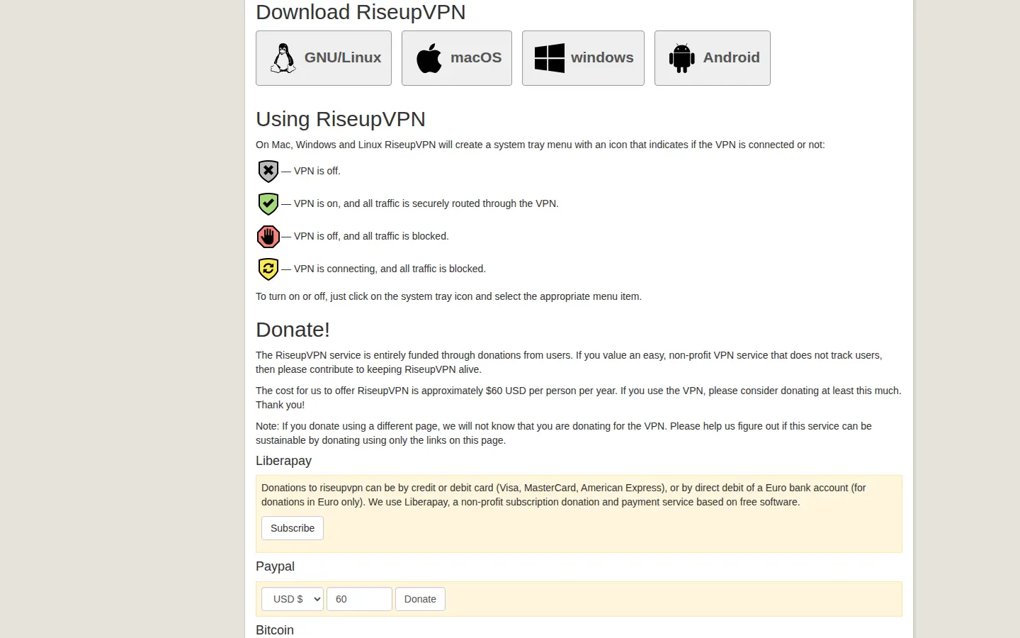 Screenshot: Riseup VPN apps / download page