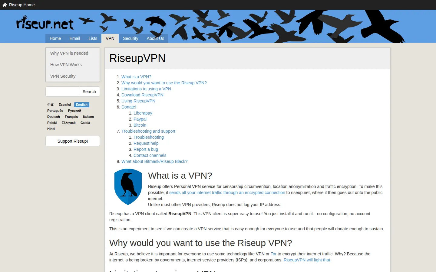 Screenshot: Riseup VPN homepage