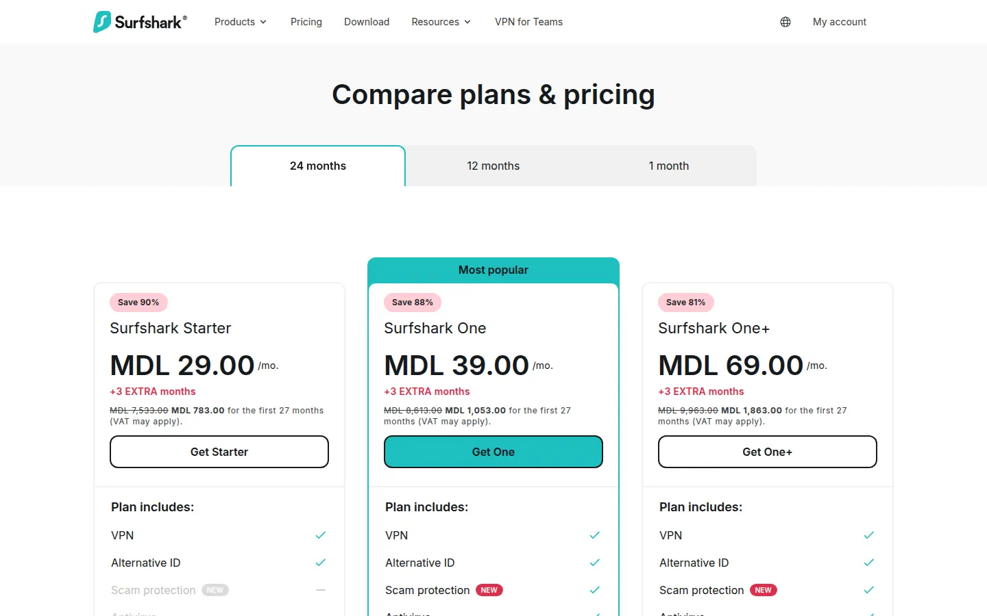 Screenshot: Surfshark pricing page