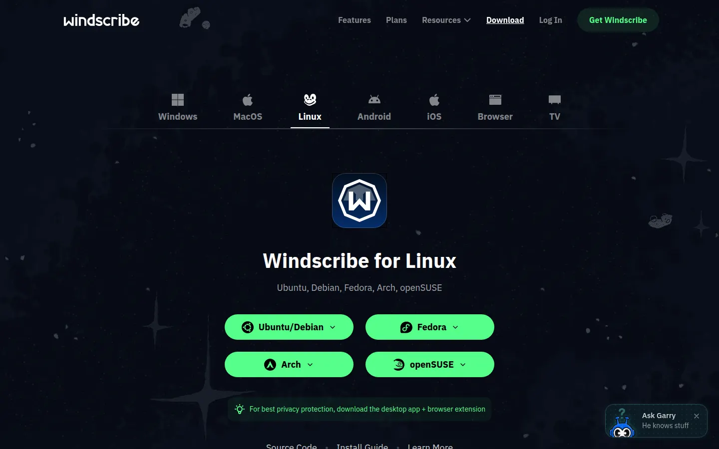 Screenshot: Windscribe apps / download page