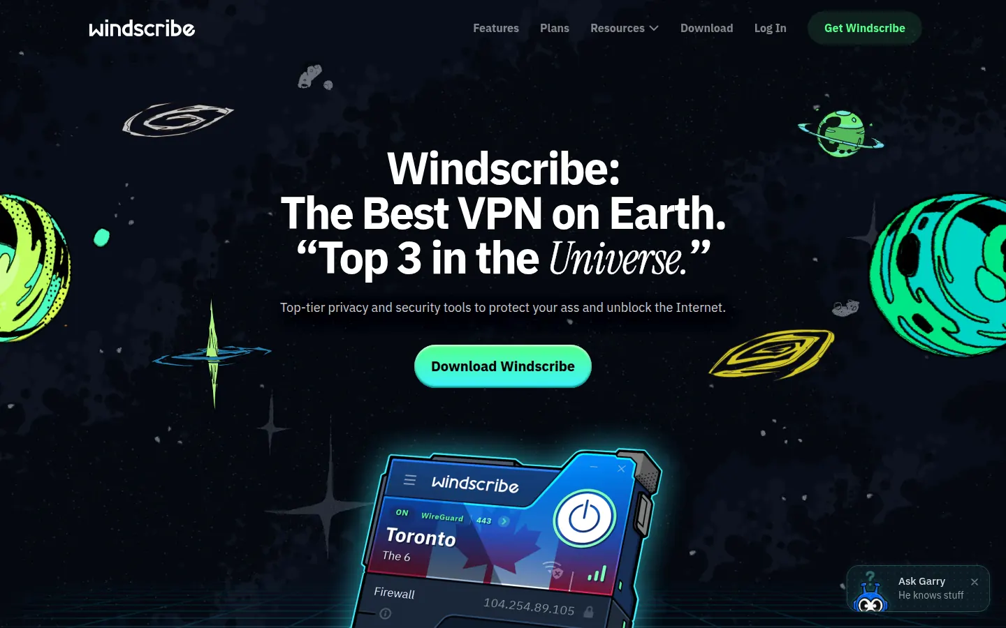Screenshot: Windscribe homepage